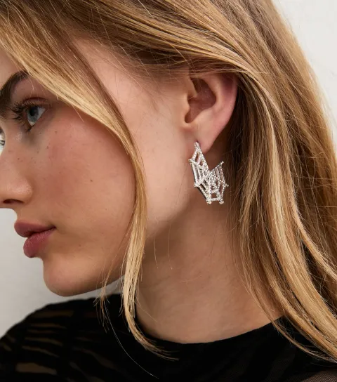New Look Silver Tone Halloween Sparkly Spider Web Hoop Earrings