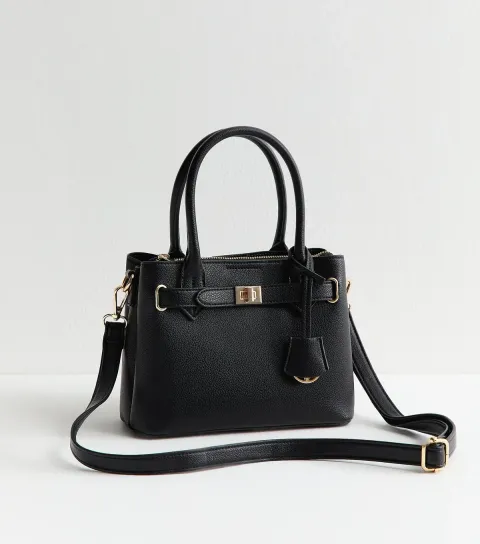 Black Faux Leather Mini Triple Compartment Tote Bag