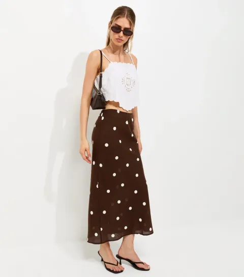Women's Brown Polka Dot Bias Cut Midi Skirt