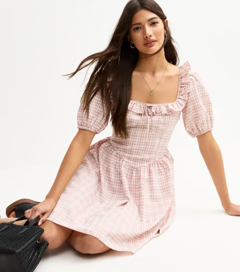 New Look Women's Pink Check Patterned Mini Dress