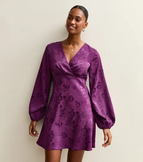 Women's Purple Floral Jacquard V-Neck Mini Dress