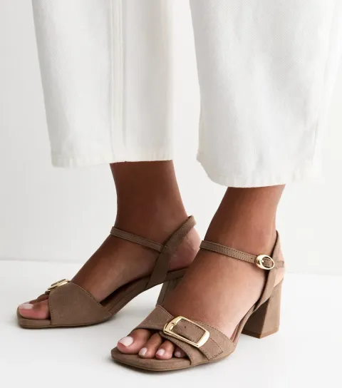 Women's Light Brown Faux Suede Front Buckle Block Heel Sandals Vegan
