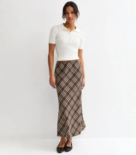Women's Brown Check Bias Cut Midi Skirt