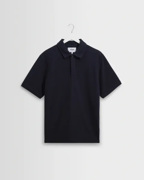 Wax London Shore - Navy Textured Organic Cotton Polo Shirt