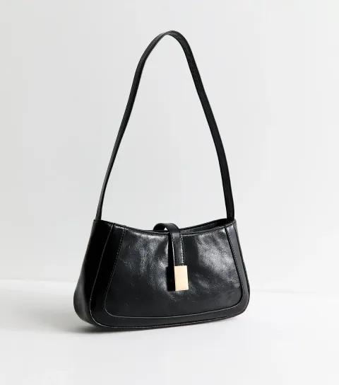 Black Faux Leather Clip Detail Shoulder Bag Vegan