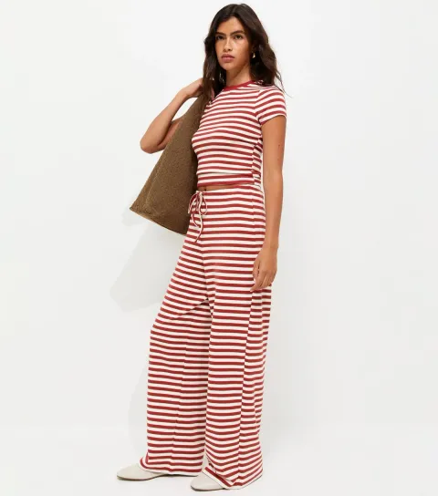 Women's Red Striped Drawstring Wide Leg Trousers