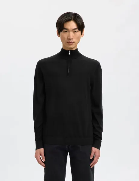 Selected Pure Merino Wool Half Zip Jumper Black