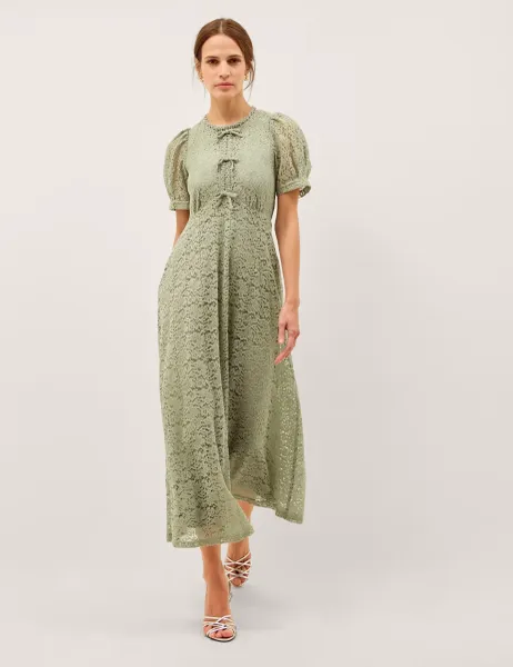 Monsoon Cotton Blend Lace Puff Sleeve Midaxi Tea Dress Light Green
