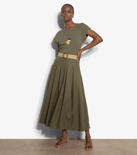 Women's Dark Khaki Belted Midi Skirt