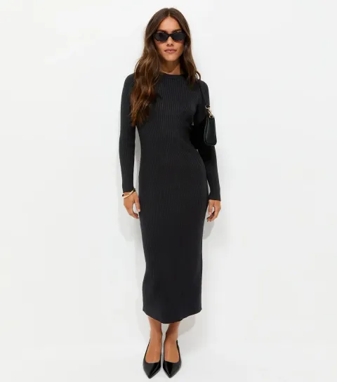 New Look Women's Petite Black Lightweight Rib Midi Dress
