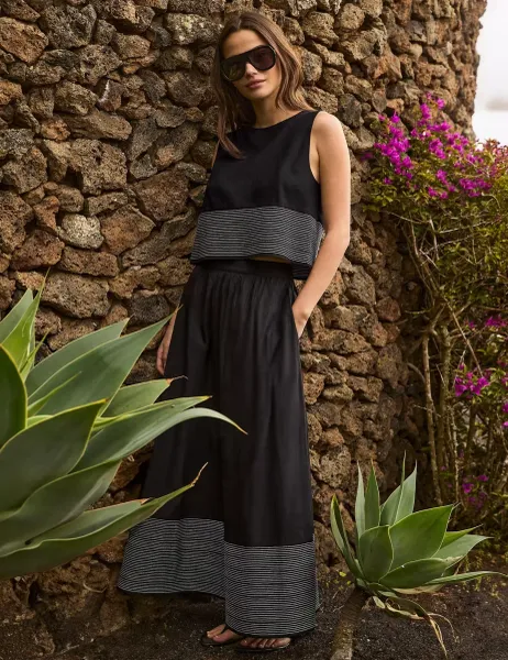 RO&ZO Pure Cotton Contrast Stitch Maxi Skirt Black Mix