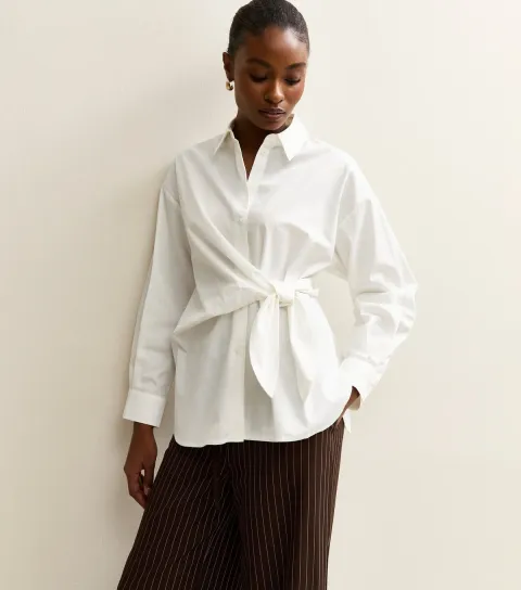 Women's White Cotton Poplin Side Tie Shirt