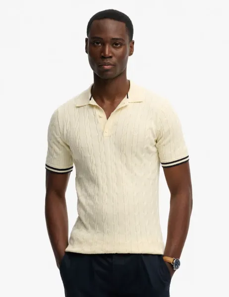 Superdry & Co Pure Cotton Cable Knit Polo Shirt Cream