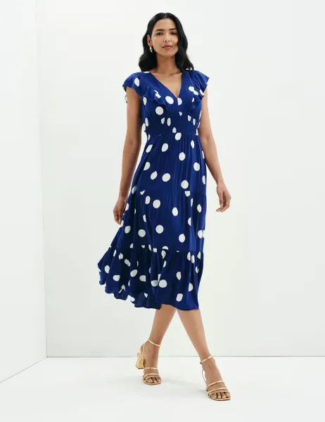 Finery London Voile Spot Print V-Neck Midi Tiered Dress Navy Mix