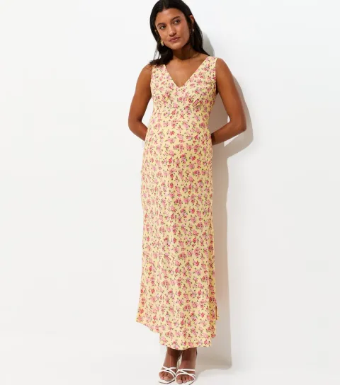 Women's Maternity Light Yellow Ditsy V Neck Bias Cut Midi Dress