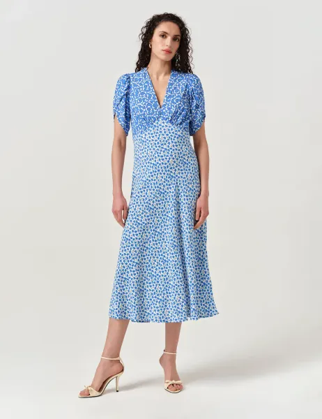 Ghost Crepe Floral V-Neck Midi Dress Blue Mix