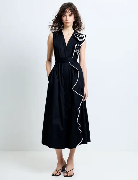 French Connection Pure Cotton Poplin Corsage Midi Dress Black Mix
