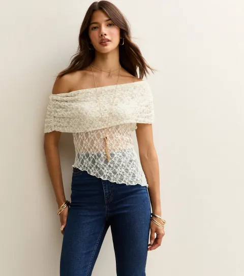 Women's White Lace Off Shoulder Asymmetric Semi Sheer Top
