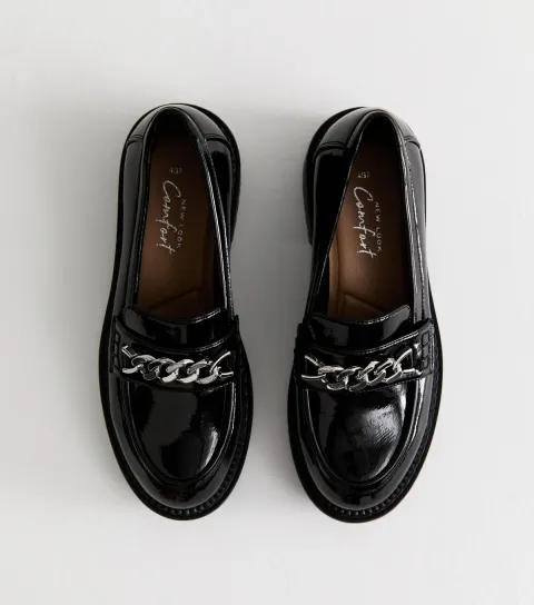 Women's Black Faux Patent Leather Chain Trim Chunky Sole Loafers Vegan