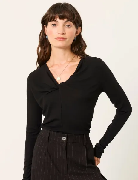 FatFace Twist Front Relaxed Top with Wool Black