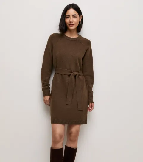 New Look Women's Dark Brown Midweight Knit Belted Mini Dress