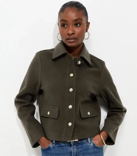 Women's Dark Khaki Button Front Collared Shacket