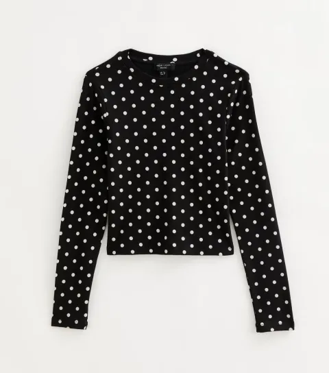 New Look Women's Petite Black Cotton Rich Spot Print Long Sleeve Baby Tee