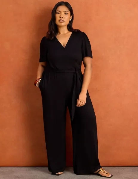 Live Unlimited London Jersey Wrap Wide Leg Jumpsuit Black