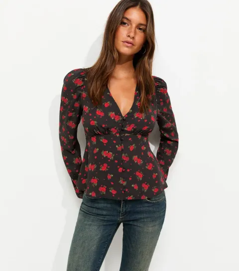 Women's Red and Black Printed V Neck Blouse