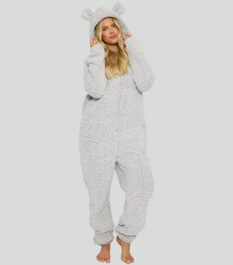 Women's Silver Borg Onesie with Ears