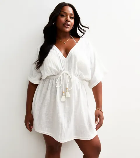 Women's White Comfort Embroidered Back Beach Kaftan