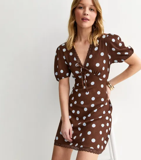 Women's Brown Polka Dot Lace Trim Mini Dress
