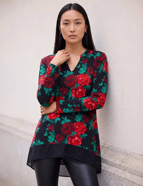 Roman Chiffon Floral Print V Neck Top Red Mix