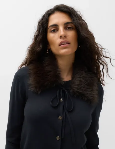 Marks & Spencer Faux Fur Collar Button Front Cardigan Midnight Navy