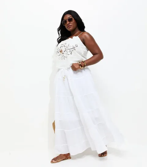 Women's Plus Size White Tassel Tiered Midi Skirt Curves