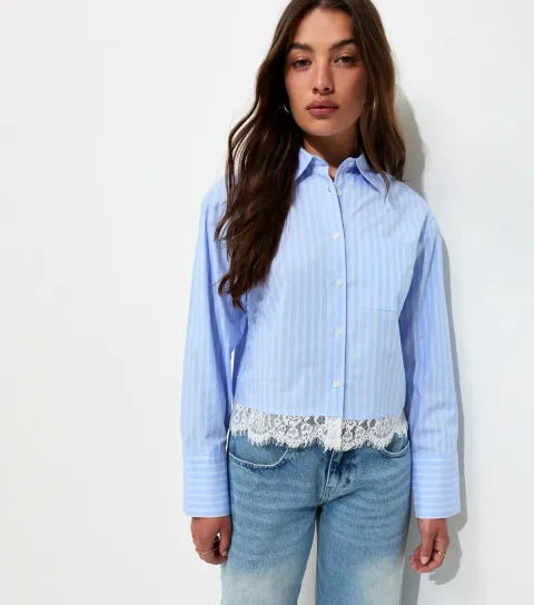 Women's Blue Striped Lace Trim Long Sleeve Shirt