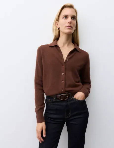 Autograph Pure Cashmere Collared Button Through Cardigan Conker