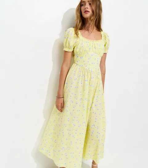Women's Yellow Cotton Floral Milkmaid Midi Dress