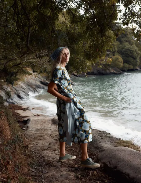 Seasalt Cornwall Pure Cotton Floral Midi Waisted Dress Green Mix