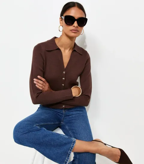 Women's Dark Brown Compact Knit Collared Cardigan