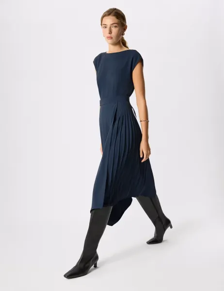 Whistles Pleat Detail Belted Asymmetric Dress Navy