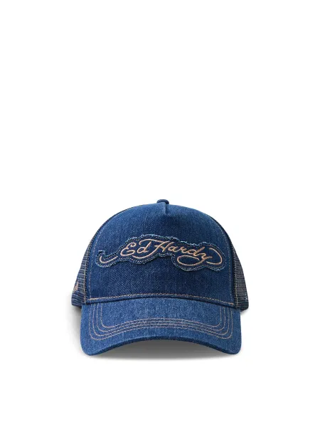 Ed Hardy Contrast Stitch On Indigo Denim 5 Panel Trucker Cap