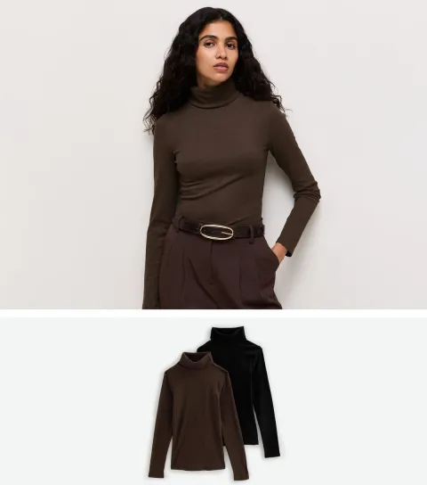 New Look Women's Pack Of 2 Brown Cotton Rich Long Sleeve Ribbed Roll Neck Tops