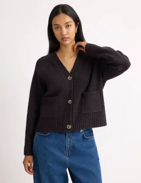 V-Neck Relaxed Cardigan with Wool Brown