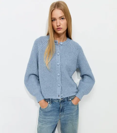 New Look Women's Blue Rib Raglan Crew Neck Cardigan