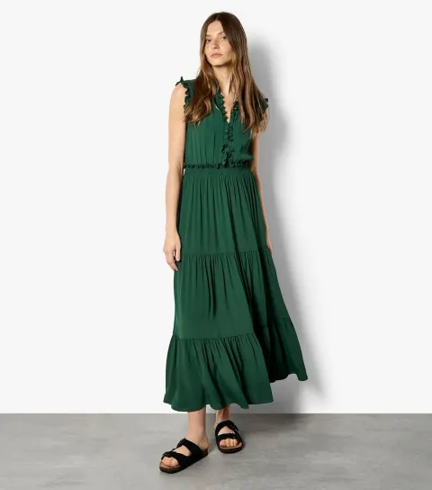 Women's Dark Green Ruffle Tiered Midi Dress