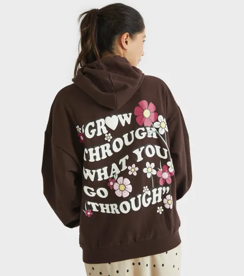 Women's Light Brown Floral Slogan Hoodie