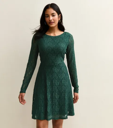 Women's Green Lace Long Sleeved Skater Mini Dress