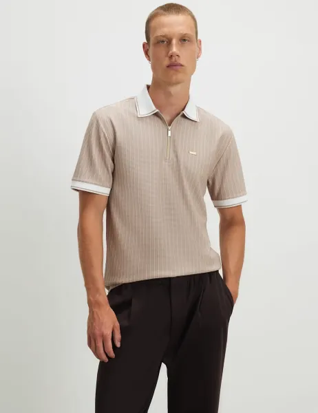 River Island Striped Half Zip Polo Shirt Stone