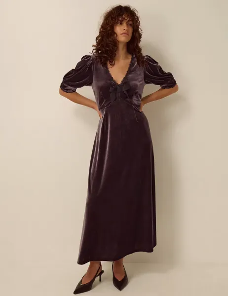 Monsoon Velvet V Neck Zip Up Maxi Dress Chocolate